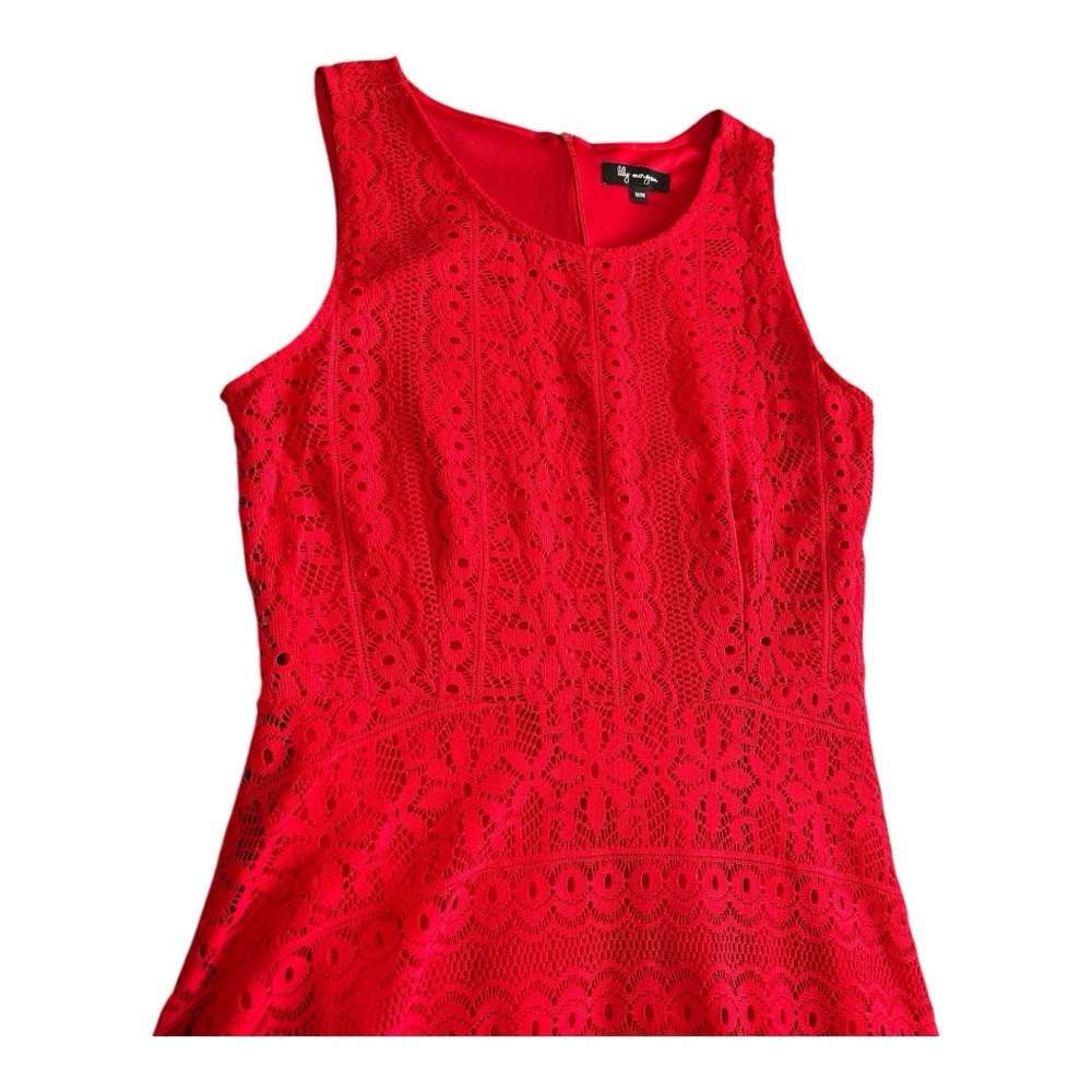 Red Lace Dress A-Line Medium Sleeveless Lily Morgan Holiday Christmas Dress Sexy - Picture 2 of 9